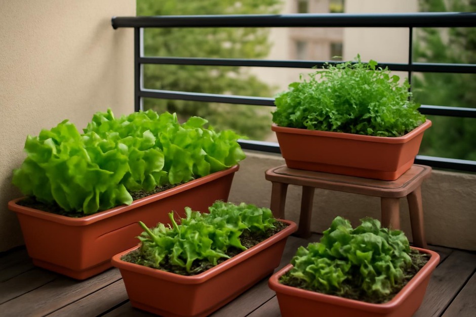 Small balcony with containers of lettuce and herbs