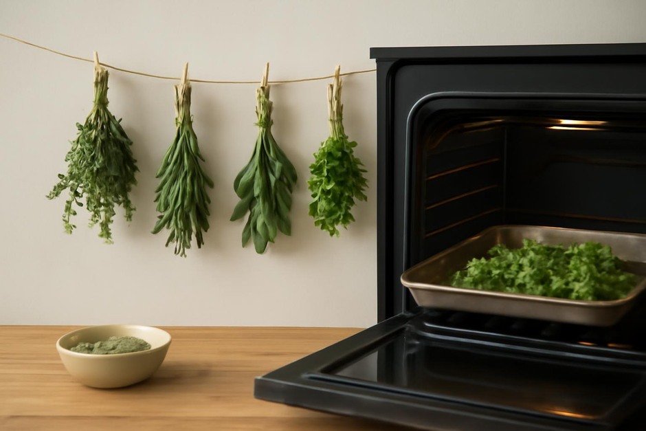 Bunches of herbs hanging to dry and a tray of herbs in a low oven
