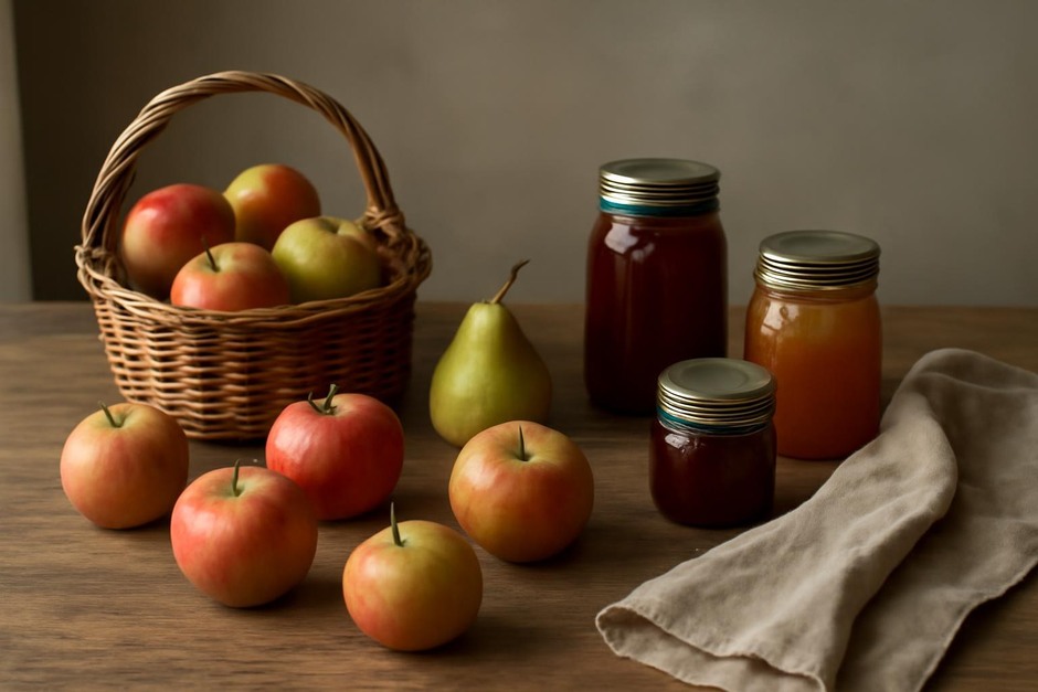 A wooden table with apples, pears, jars of preserves, and a linen cloth