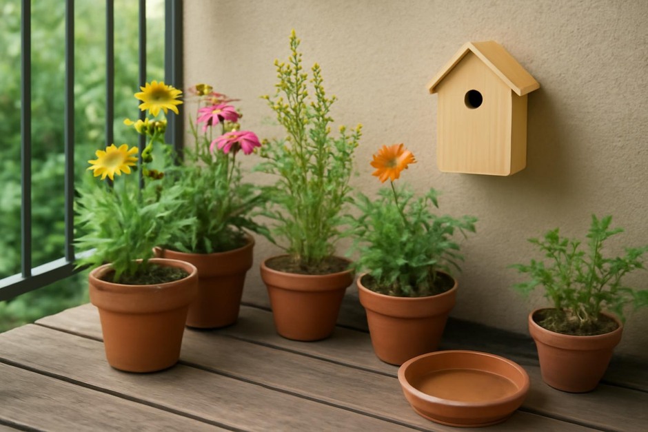 A small balcony with pots of native flowers, a shallow water dish, and a simple nesting box