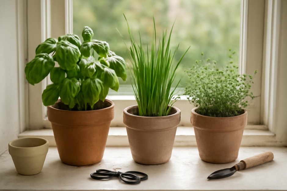 Small windowsill herb garden with basil, chives, and thyme