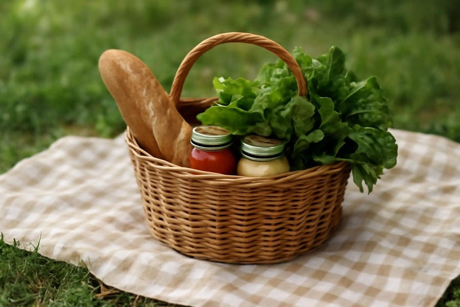 Picnic basket with bread, greens, and jars on a checkered blanket